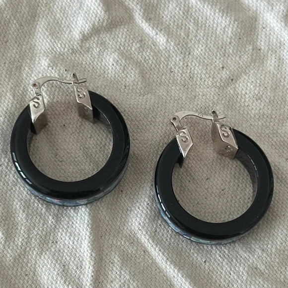 Jay King Black Chalcedony/Blue Opal mosaic Hoop Earrings - Picture 6 of 10